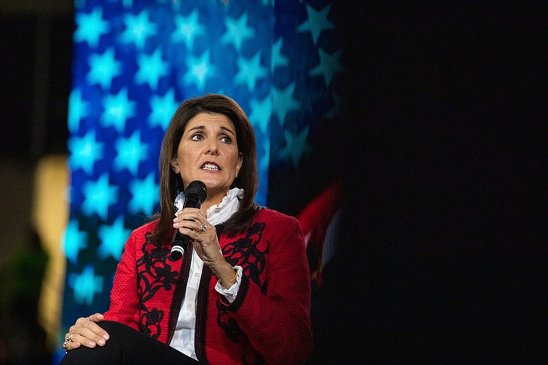 Former Gov. of South Carolina and UN Ambassador under President Donald Trump,  Nikki Haley speaks to students during convocation at Liberty University on Friday, Nov. 15, 2019 at the Vines Center in Lynchburg, Va.  (Emily Elconin/The News & Advance via AP)