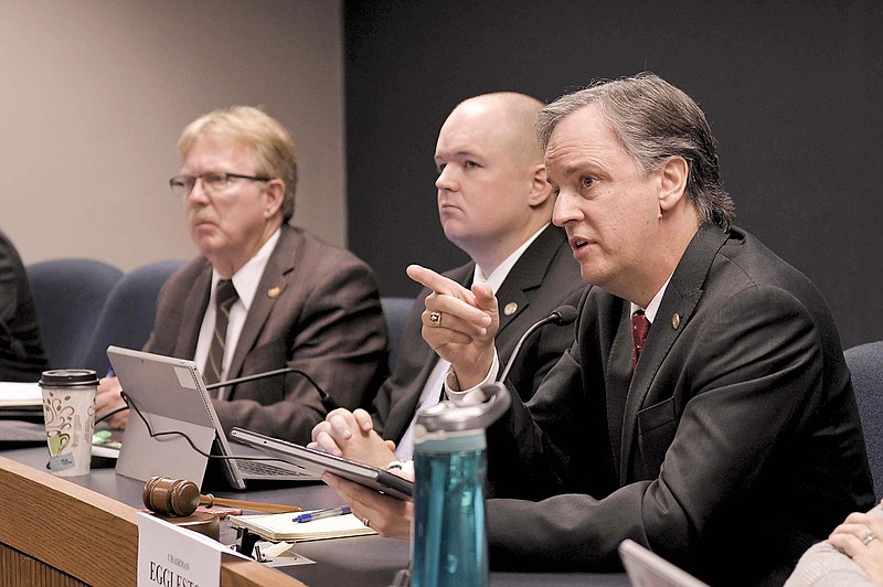 Chairman of the Special Interim Committee on Oversight of Local Taxation, Rep. J. Eggleston, R-Maysville, speaks Wednesday during a House committee meeting on whether property taxes should change statewide because of the jump in valuations in Jackson County.