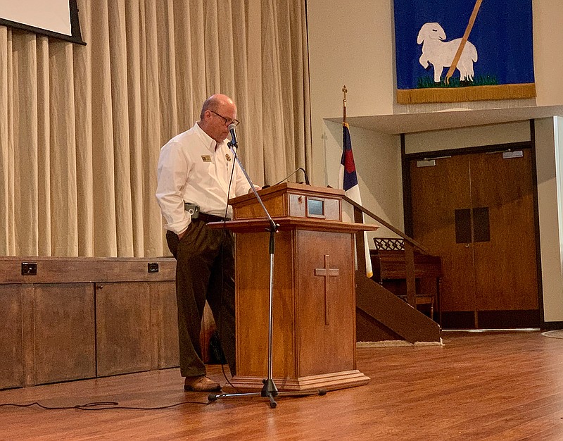 Texarkana, Texas, Mayor Bob Bruggeman gives a presentation about the state of the city of Texarkana on Thursday on the Texas side at First United Methodist Church in Texarkana, Ark. 