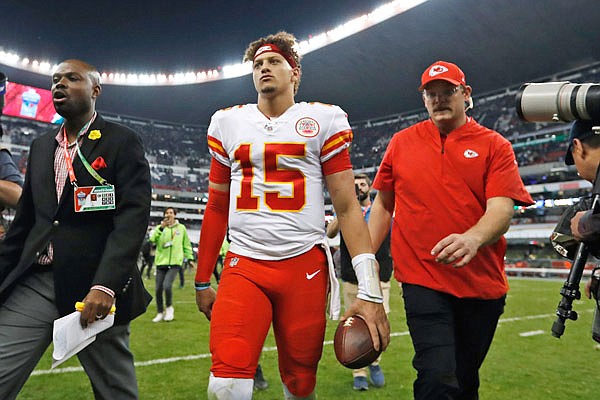 Chiefs quarterback Patrick Mahomes leaves the field after a game last month against the Chargers in Mexico City.