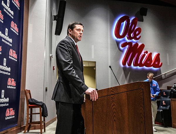 Mississippi athletic director Keith Carter discusses the future of the football program during Monday's news conference at the Manning Center in Oxford, Miss.