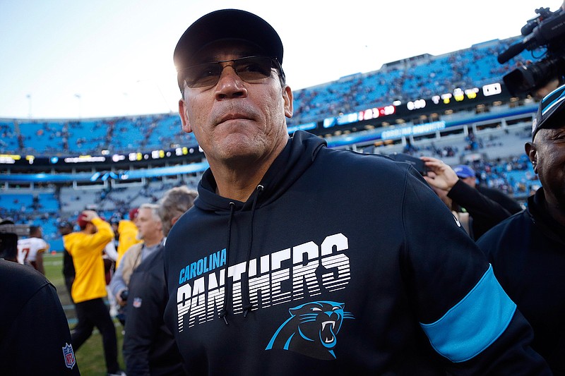 In this Sunday, Dec. 1, 2019, file photo, Carolina Panthers head coach Ron Rivera leaves the field following an NFL football game against the Washington Redskins in Charlotte, N.C. The Panthers fired Rivera on Tuesday, Dec. 3, 2019, parting ways with him with four games left in the regular season. (AP Photo/Brian Blanco, File)