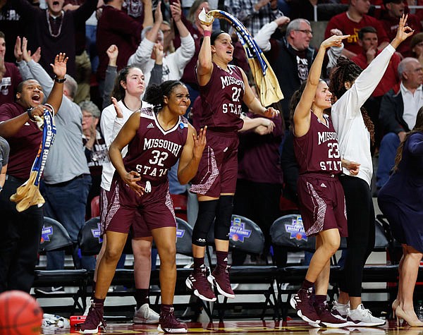 In this March 25 file photo, Missouri State forward Jasmine Franklin (left), guard Sydney Wilson (center) and guard Mya Bhinhar (right) celebrate a 3-point basket during a game against Iowa State in Ames, Iowa.