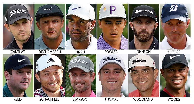 These are recent file photos showing members of the U.S. Presidents Cup golf team, to be played Dec. 12-15, 2019, at Royal Melbourne Golf Club in Australia. From top left are: Patrick Cantlay, Bryson DeChambeau, Tony Finau, Rickie Fowler, Dustin Johnson, Matt Kuchar, Patrick Reed, Xander Schauffele, Webb Simpson, Justin Thomas, Gary Woodland and Tiger Woods. (AP Photo/File
