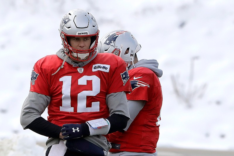 New England Patriots quarterback Tom Brady (12) warms up during an NFL football practice, Wednesday, Dec. 4, 2019, in Foxborough, Mass. (AP Photo/Steven Senne)