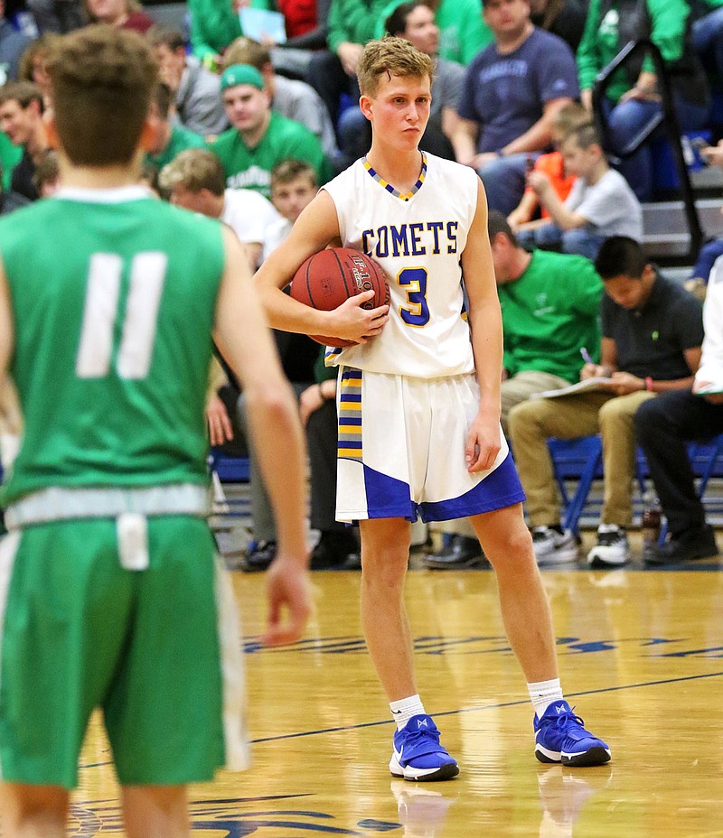 Trey Herzing of Fatima stands near midcourt with the ball on his hip early in the third quarter of a game Dec. 22, 2017, against Blair Oaks in Westphalia.