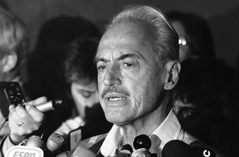 Baseball union leader Marvin Miller speaks to reporters on July 16, 1981, in New York after rejecting a proposal to end a baseball strike.