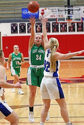 Olivia Boessen of Blair Oaks shoots a jumper during Saturday's River Region Credit Union Shootout game against Hermann at Fleming Fieldhouse.