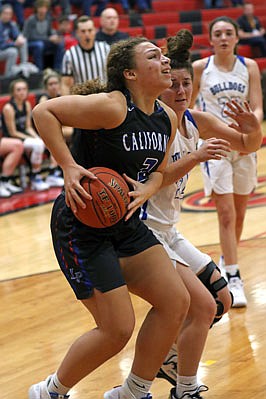 California's KaLynn Irey drives the baseline against South Callaway's Reaghan Meyer during Saturday's River Region Credit Union Shootout at Fleming Fieldhouse.