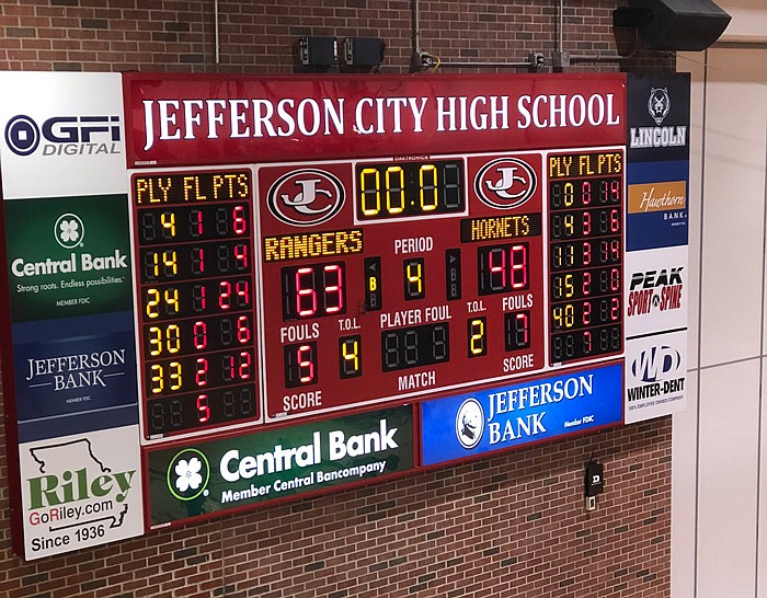 The scoreboard at Jefferson City High School shows the final high school basketball score on Saturday, Dec. 14, 2019: Iberia 63, Fulton 48.