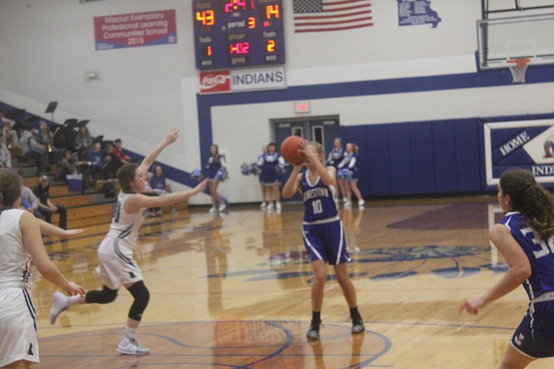 Ginna Meisenheimer shoots for the Jamestown Eagles during the team's 55-22 loss to the Russellville Indians on Dec. 11, 2019.