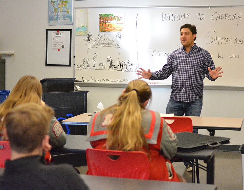 Jay Shipman speaks Friday to students at Calvary Lutheran High School about careers in art, motion pictures and the entertainment industry. Shipman, who graduated from Jefferson City High School, now lives in Los Angeles, California and works in animation.