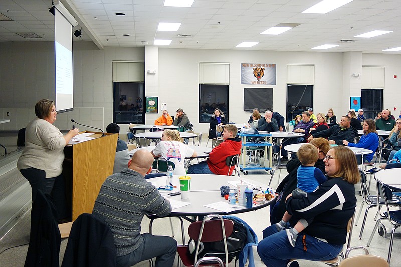 FILE: New Bloomfield R-3 Superintendent Sarah Wisdom addresses a room of teachers and parents during a forum. The district is contemplating switching to a four-day school week in the 2019-20 school year.        
