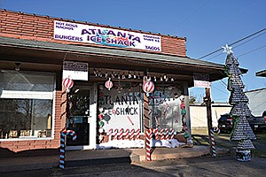 Atlanta Ice Shack on 110 W Hiram Street in Atlanta, Texas, is a restaurant that specializes in home smoked and cooked burgers, pulled pork, fries and snowcones. 