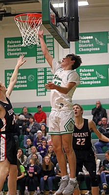 Luke Northweather of Blair Oaks goes up for a basket during a game this season against Eugene in Wardsville.