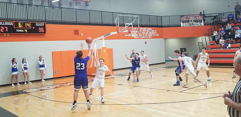 <p>Democrat photo/Kevin Labotka</p><p>The Jamestown Eagles boys team won vs. Green Ridge 51-39 in the first round of the Stover tournament on Dec. 28.</p>