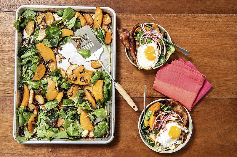 Hearty rutabaga and mushroom hash, basted in bacon fat and served with fried eggs, the perfect in-between-holidays breakfast for a crowd. Prop styling by Nidia Cueva. (Mariah Tauger/Los Angeles Times/TNS)