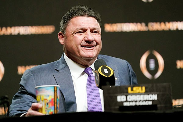 LSU coach Ed Orgeron speaks during a news conference Sunday in New Orleans.