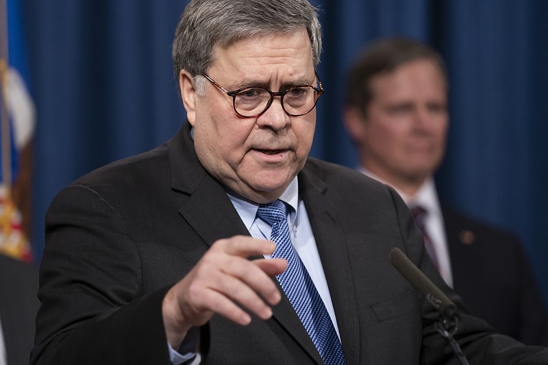 Attorney General William Barr speaks to reporters at the Justice Department in Washington, Monday, Jan. 13, 2020, to announce results of an investigation of the shootings at the Pensacola Naval Air Station in Florida. On Dec. 6, 2019, 21-year-old Saudi Air Force officer, 2nd Lt. Mohammed Alshamrani, opened fire at the naval base in Pensacola, killing three U.S. sailors and injuring eight other people. (AP Photo/J. Scott Applewhite)