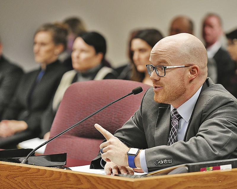 Rep. Travis Fitzwater, R-Holts Summit,  addresses Missouri House members and staffers Monday, Jan. 13, 2020, during a House committee hearing. (News Tribune photo)