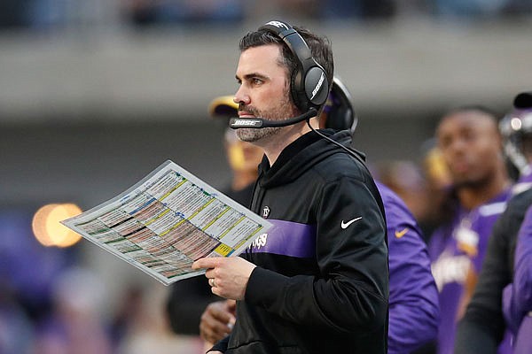 In this Dec. 16, 2018, file photo, Vikings interim offensive coordinator Kevin Stefanski watches from the sideline during the first half of a game against the Dolphins in Minneapolis.