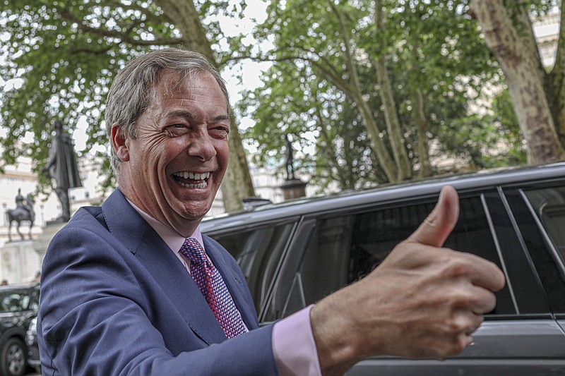 FILE - In this Monday, May 27, 2019 file photo, Brexit Party leader Nigel Farage arrives at the party's HQ in London, prior to an event to mark the gains his party made in the European elections.  Farage, the self-declared “pantomime villain” of Brexit, told the Associated Press Tuesday Jan. 14, 2020, he is leaving the European Union's parliament in Strasbourg later this week with a sense of mission accomplished. (AP Photo/Vudi Xhymshiti, File)