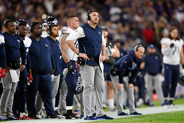 Titans head coach Mike Vrabel watches from the sideline during Saturday night's game against the Ravens in Baltimore.