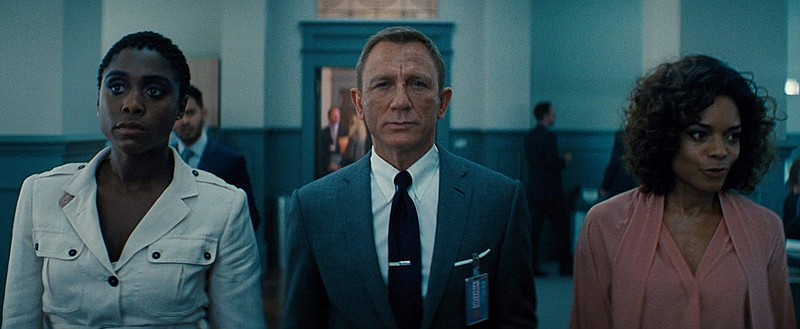 Lashana Lynch, left, Daniel Craig and Naomie Harris in "No Time to Die." (MGM/YouTube)