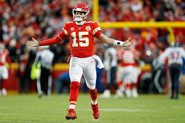 Chiefs quarterback Patrick Mahomes celebrates after throwing a touchdown pass during last Sunday's win against the Texans at Arrowhead Stadium.
