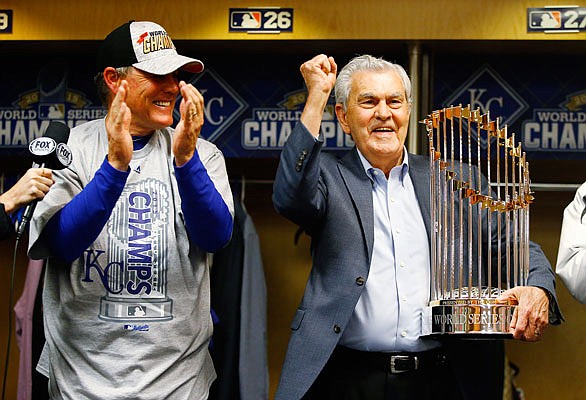 Royals owner David Glass and manager Ned Yost celebrate after Kansas City's 7-2 victory against the Mets in Game 5 of the 2015 World Series in New York.