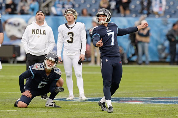 Titans kicker Greg Joseph warms up before a game against the Saints last month in Nashville, Tenn.