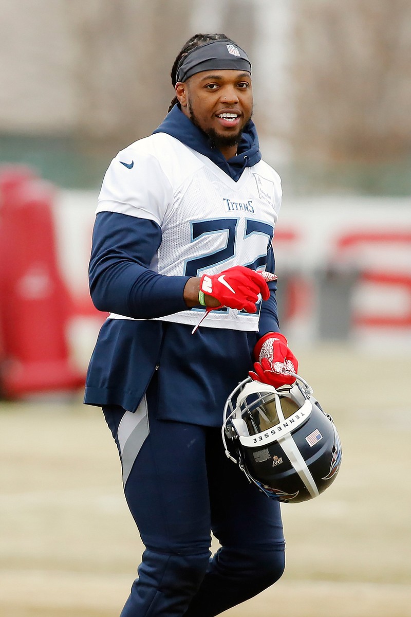 Tennessee Titans running back Derrick Henry runs to a drill during an NFL football practice Friday, Jan. 17, 2020, in Nashville, Tenn. The Titans are scheduled to face the Kansas City Chiefs in the AFC Championship game Sunday. (AP Photo/Mark Humphrey)