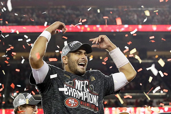 49ers quarterback Jimmy Garoppolo celebrates after his team's win Sunday against the Packers in the NFC Championship Game in Santa Clara, Calif. The 49ers won 37-20 to advance to Super Bowl 54 against the Chiefs.