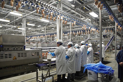 FILE - In this Dec. 12, 2019, file photo workers process chickens at the Lincoln Premium Poultry plant, Costco Wholesale's dedicated poultry supplier, in Fremont, Neb. On Friday, Jan. 17, 2020, the Federal Reserve reports on U.S. industrial production for December. (AP Photo/Nati Harnik, File)