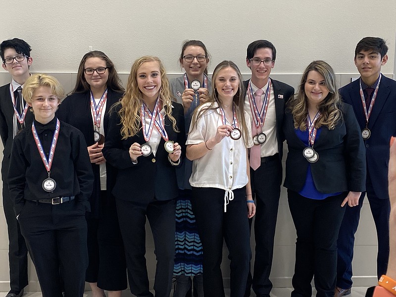 Texas High School students in Business Professionals of America who have qualified for state are, from left to right, Amethyst Spade, Parker Johnson, Lillian Davis, Tarren Engle, Emilee Herrington, Hayli Hamilton, Oren Smith, Chloe Sawyer and Kenichi Pass. 
