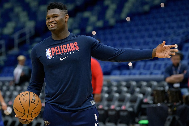 New Orleans Pelicans forward Zion Williamson (1) practices before an NBA basketball game between the New Orleans Pelicans and the Los Angeles Clippers in New Orleans, Saturday, Jan. 18, 2020. Williamson is expected to return to play Wednesday against the San Antonio Spurs. (AP Photo/Matthew Hinton)