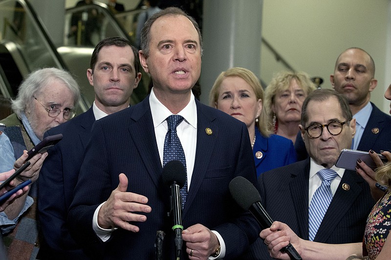 House Intelligence Committee Chairman Adam Schiff, D-Calif., accompanied by the impeachment managers House Judiciary Committee Chairman, Rep. Jerrold Nadler, D-N.Y., Rep. Hakeem Jeffries, D-N.Y., Rep. Sylvia Garcia, D-Texas, Rep. Zoe Lofgren, D-Calif., and Rep. Jason Crow, D-Colo. speaks to reporters, on Capitol Hill in Washington, Wednesday, Jan. 22, 2020. The U.S. Senate was poised to hear opening arguments Wednesday in President Donald Trump’s impeachment trial, with Democratic House managers set to make their case that Trump abused power and should be removed from office.(AP Photo/Jose Luis Magana)