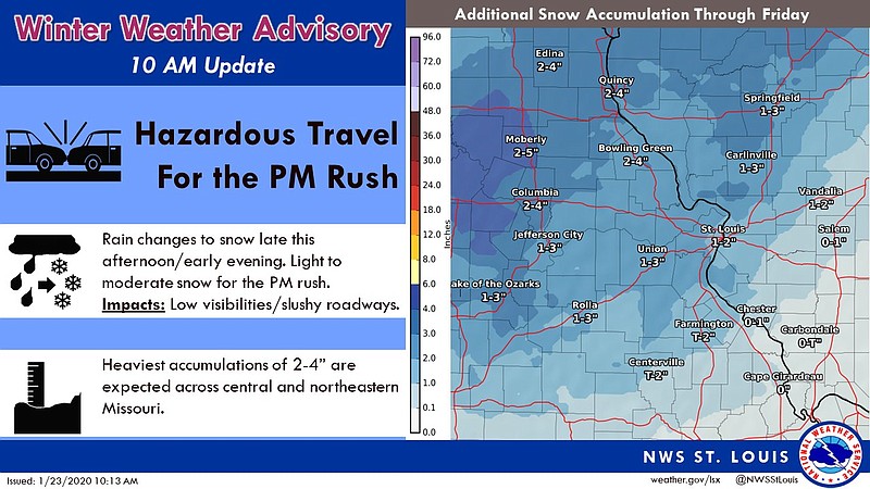 The National Weather Service in St. Louis forecasts mixed precipitation will turn to snow in Mid-Missouri by the evening of Thursday, Jan. 23, 2020.