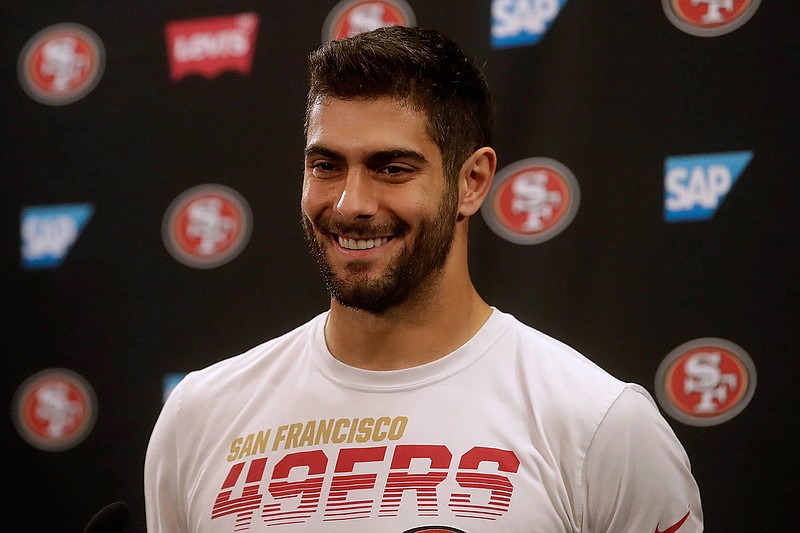 San Francisco 49ers quarterback Jimmy Garoppolo speaks during a news conference at the team's NFL football training facility in Santa Clara, Calif., Thursday, Jan. 23, 2020. The 49ers will face the Kansas City Chiefs in Super Bowl 54. (AP Photo/Jeff Chiu)
