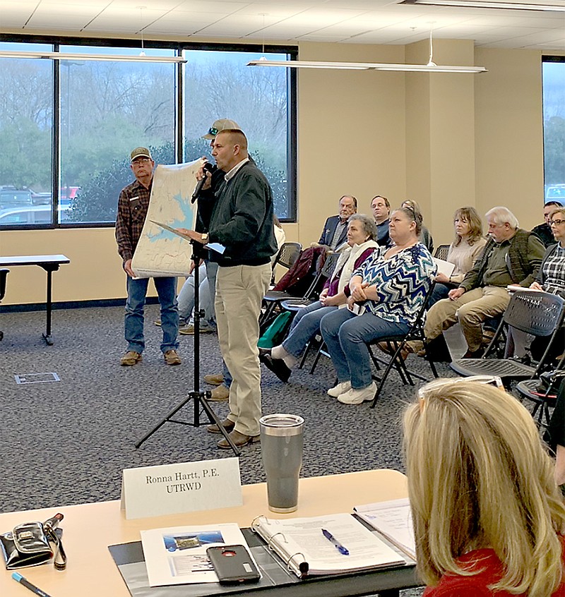 Rivercrest Independent School District Superintendent Stanley Jessee, a Red River County resident, speaks in opposition of building the Marvin Nichols Reservoir at a Region D water planning meeting on Thursday in Pittsburg, Texas.