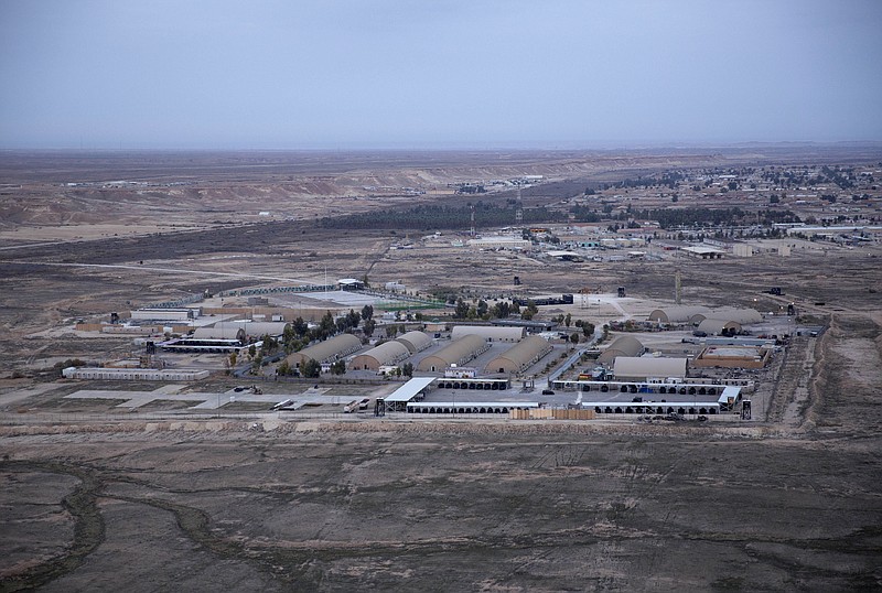 FILE - In this Sunday, Dec. 29, 2019 file photo taken from a helicopter shows Ain al-Asad air base in the western Anbar desert, Iraq.   The Pentagon said Friday, Jan. 24, 2020,  that 34 U.S. troops were diagnosed with traumatic brain injuries suffered in this month's Iranian missile strike on an Iraqi air base, and that half of the troops have returned to their military duties. Seventeen of the 34 are still under medical observation, according to Jonathan Hoffman, the chief Pentagon spokesman.(AP Photo/Nasser Nasser, File)