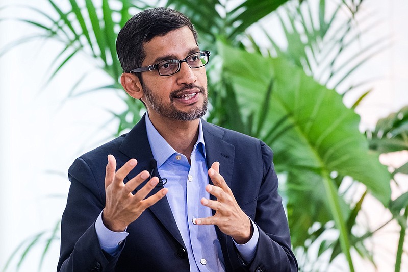 Sundar Pichai, chief executive officer of Alphabet Inc., gestures while speaking during a discussion on artificial intelligence at the Bruegel European economic think tank in Brussels on Jan. 20, 2020. (Bloomberg photo by Geert Vanden Wijngaertberg)