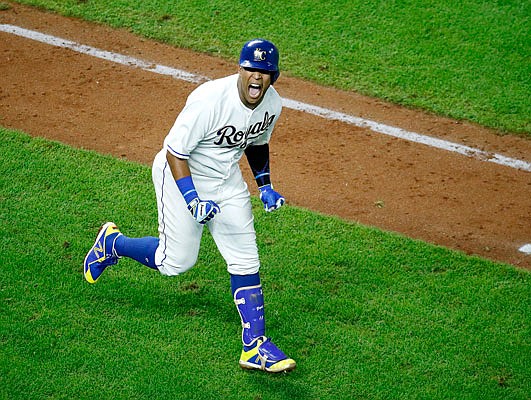 In this Sept. 14, 2018, file photo, Salvador Perez of the Royals celebrates after hitting a grand slam in the ninth inning to win a game against the Twins at Kauffman Stadium.
