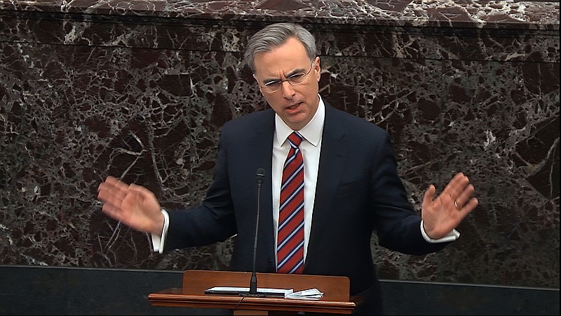 In this image from video, White House counsel Pat Cipollone speaks during the impeachment trial against President Donald Trump in the Senate at the U.S. Capitol in Washington, Saturday, Jan. 25, 2020. (Senate Television via AP)