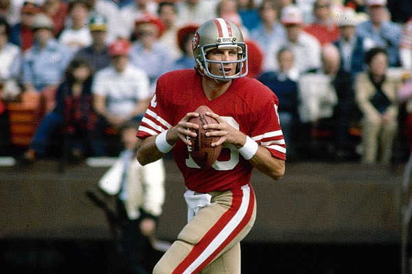 This is a 1981 file photo showing 49ers quarterback Joe Montana dropping back to throw a pass.