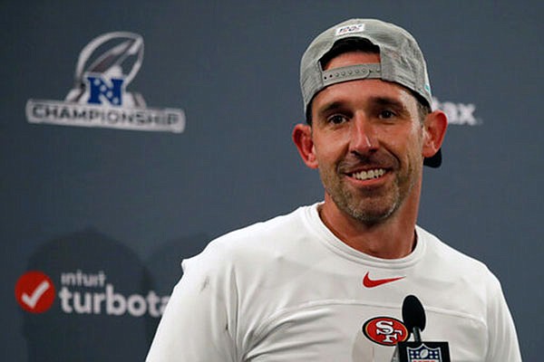 49ers head coach Kyle Shanahan speaks at a news conference after last Sunday night's NFC Championship Game in Santa Clara, Calif.