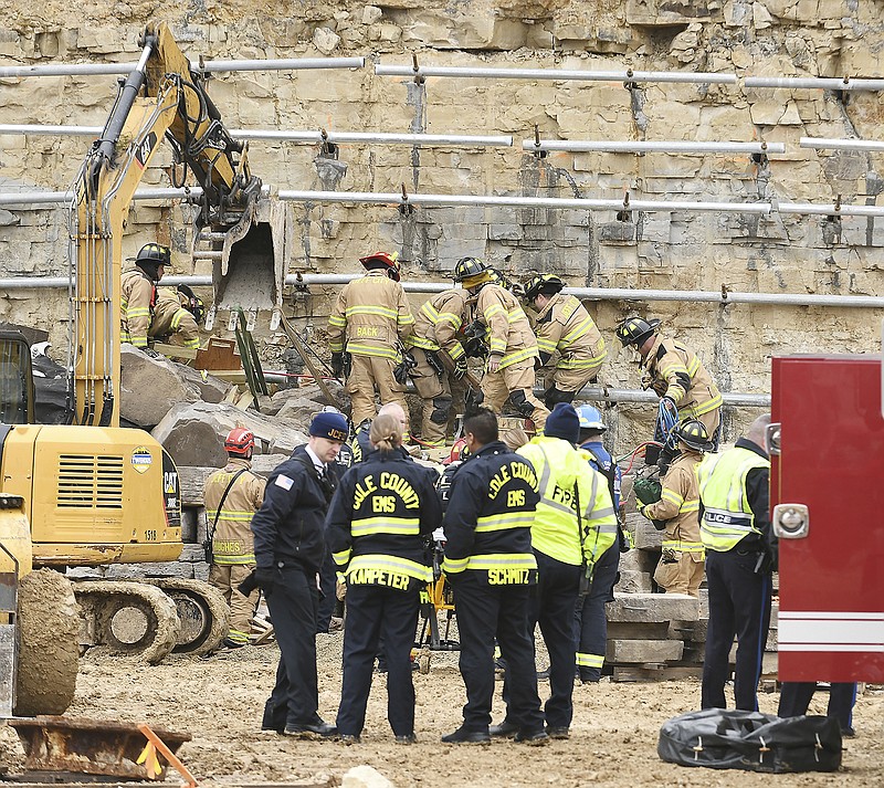 In this Jan. 28, 2020 photo, Jefferson City police and fire departments, as well as Cole County EMS, were called to the scene of a construction accident in the 500 block of Missouri Boulevard, the former location of St. Mary's Hospital where a new Courtyard by Marriott is under construction.