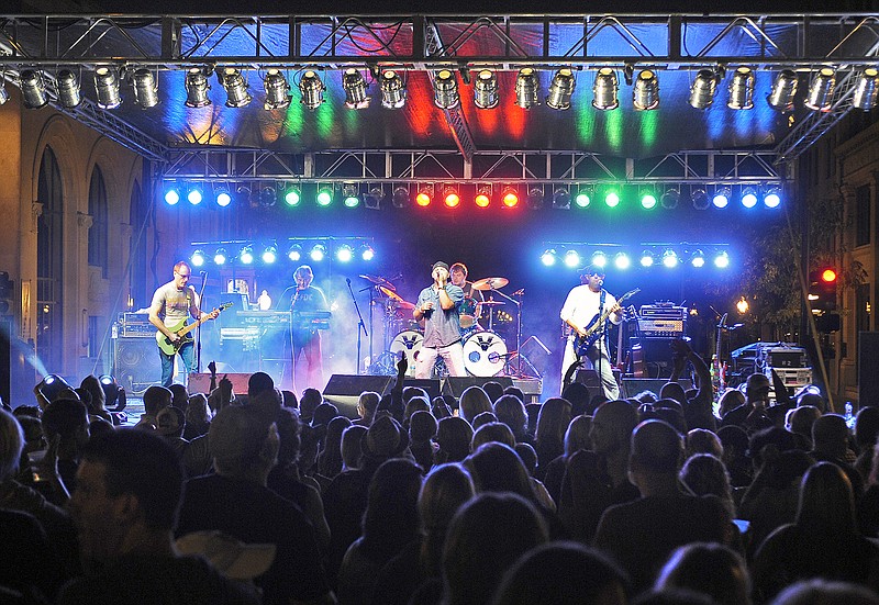 <p>News Tribune file</p><p>Jefferson City’s Five Turn Knot rocks out a cover of Guns N’ Roses’ “Paradise City” for the 2,000-plus attendees filling High Street from Madison to Monroe streets during the 2018 Angiepalooza street party. For the first time, Angiepalooza is taking on Valentine’s Day with a dinner show at Capital Bluffs Event Center. After the meal, Five Turn Knot will take the stage for a dance party.</p>