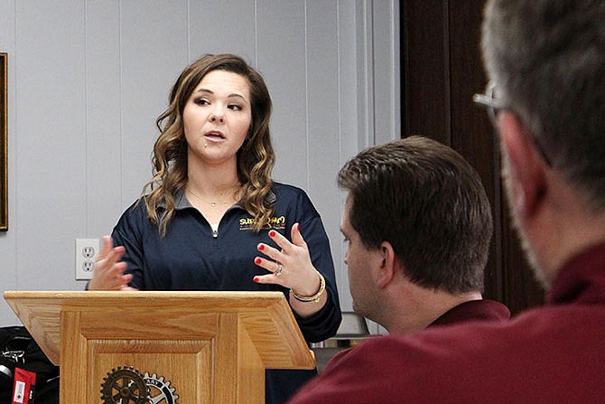 Lindsey Hux, Super Sam Foundation director of comfort, visits the Fulton Rotary Club's noon meeting Wednesday.