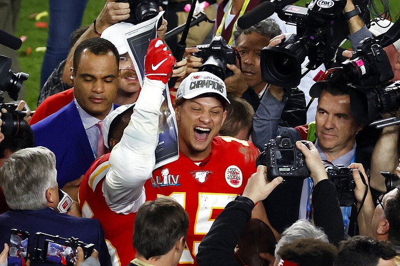 Kansas City Chiefs quarterback Patrick Mahomes (15) celebrates after defeating the San Francisco 49ers in the NFL Super Bowl 54 football game Sunday, Feb. 2, 2020, in Miami Gardens, Fla. (AP Photo/Adam Hunger)